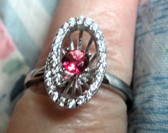 Vintage Ruby Sterling Silver Ring – White Topaz Halo, Size 7.5