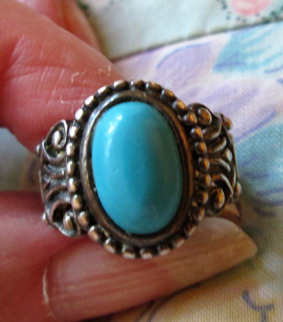 RING TURQUOISE AVON Filigree Estate Sale 925 Sterling Silver Size 7 ...