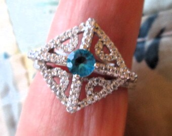 RING  -  Blue  TOPAZ  - White Topaz   - Sterling Silver - size 8 1/4  Blue450