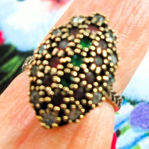 RING  - Ottoman Empire Style  EMERALD  RUBIES White Topaz - 925  - Two tone - Sterling Silver- Size 7 1/2 red25.