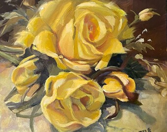 Gift for Mother’s Day, mom,Yellow roses bouquet original oil painting I care for our friendship