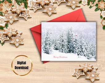 Merry Christmas card with snow, evergreen trees and red cardinals