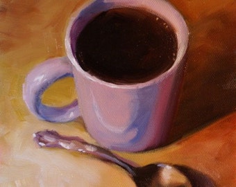 Beautiful coffee painting, gift ideas, idea gift Coffee oil painting - Free shipping in the U.S. Oil Painting coffee mug pink gift