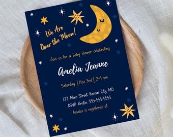 Over the Moon baby shower editable invitation