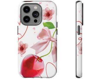 Cute Phone Case with Cherry Design, Cherry Phone Cover, Heart Phone Case, Floral Phone Case, Cute Gifts for Her, Valentine's Day Gift