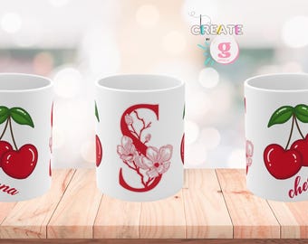 Personalized Cherry Blossom Mug for Coffee Lovers, Custom Initial Mug, Cute Gift for Her, Home Decor, Birthday Gift