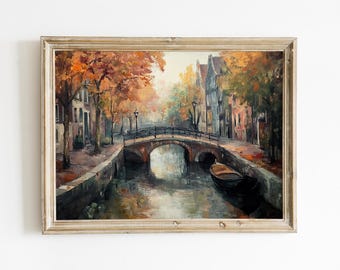 Vintage Canal Painting Digital Print – Moody Autumn European Countryside Wall Art, Rustic Fall Landscape, Farmhouse Printable Home Decor