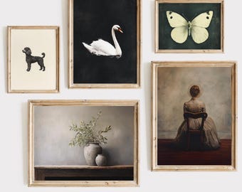 Juego de 5 piezas de arte mural vintage con un toque melancólico: decoración francesa de estilo académico imprimible / Impresiones digitales antiguas oxidadas para galería de pared