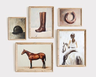 Equestrian Wall Art Set of 5 - Horse Prints for Girl's Room - Vintage Equestrian Prints