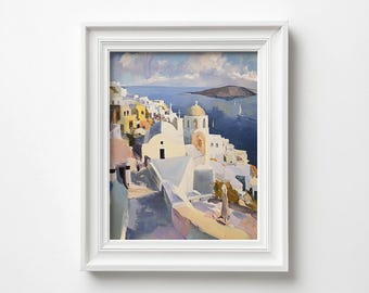 Santorini Greece, Santorini Oil Painting Print, Greek Island Wall Art, Santorini Landscape art, Santorini Poster, Mediterranean Decor Print