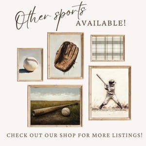 May include: A collection of four framed prints featuring baseball-themed artwork. The prints include a baseball, a baseball glove, a baseball player, and a baseball bat and ball.