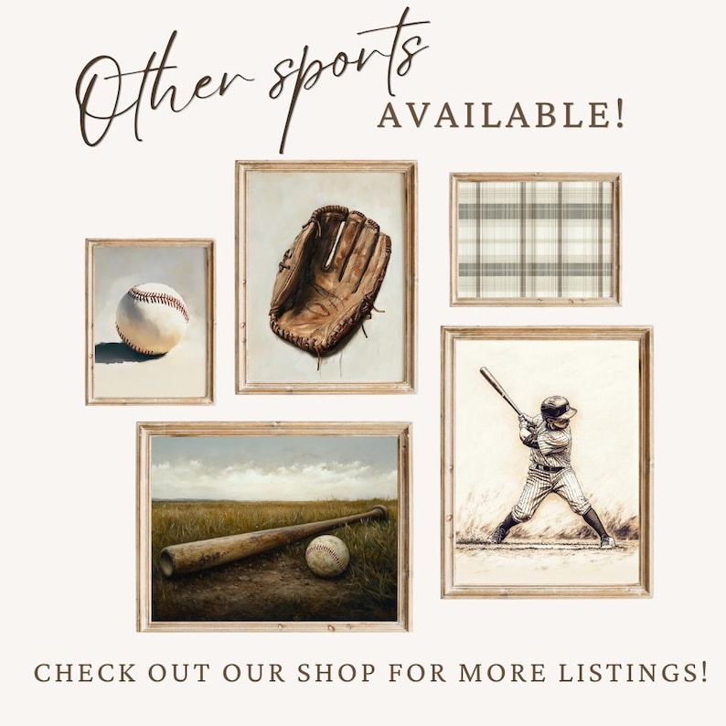 May include: A collection of four framed prints featuring baseball-themed artwork. The prints include a baseball, a baseball glove, a baseball player, and a baseball bat and ball.