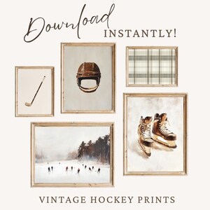 May include: Set of five vintage hockey prints in wooden frames. The prints feature a hockey helmet, a hockey stick, a pair of hockey skates, and a snowy scene with hockey players on the ice. The prints are perfect for a sports-themed room or a hockey fan's home.