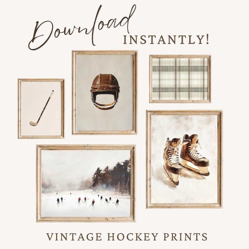 May include: Set of five vintage hockey prints in wooden frames. The prints feature a hockey helmet, a hockey stick, a pair of hockey skates, and a snowy scene with hockey players on the ice. The prints are perfect for a sports-themed room or a hockey fan's home.