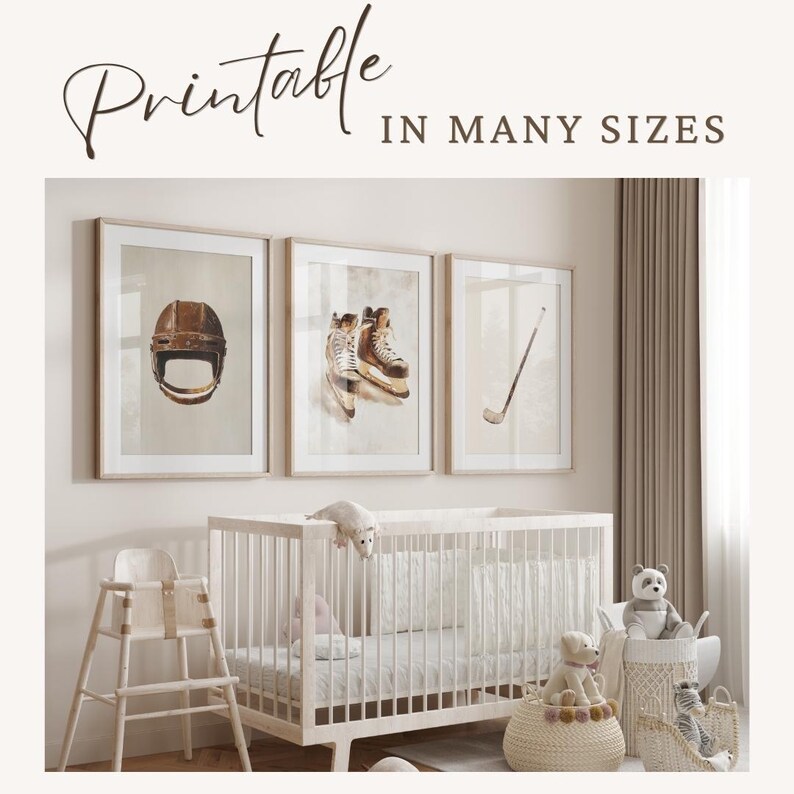 May include: Three framed prints of hockey equipment, including a helmet, a pair of skates, and a hockey stick. The prints are in a nursery setting with a crib, a high chair, and stuffed animals.