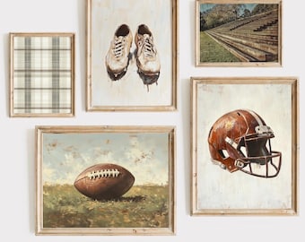 May include: A set of five framed prints featuring sports-themed imagery. The prints include a football, a helmet, a pair of sneakers, a plaid pattern, and a stadium.