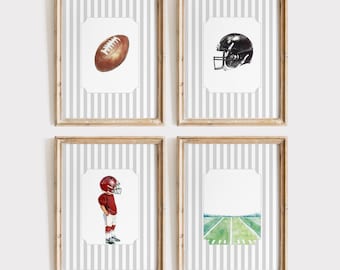 Lot de 4 impressions d'art football vintage pour chambre d'enfant, décoration de football (téléchargement numérique, lot de 4 couleurs d'arrière-plan), art mural football pour chambre d'enfants