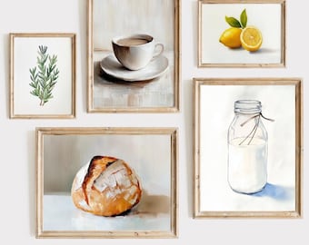 Juego de 5 láminas de arte para pared de cocina: bodegones digitales vintage, decoración rústica de cocina, láminas de pared imprimibles estilo galería