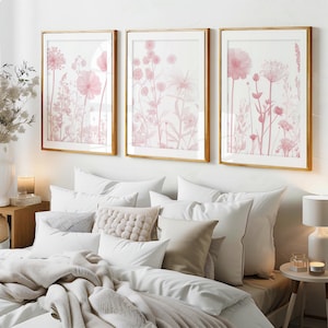 Pink Wall Art Set of 3, Vintage Pink Botanical Art, Pink Floral Prints, Minimalist Pink Art, Pink and White Print Vintage Pink Flowers