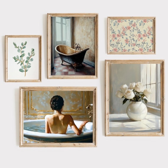 Bathroom Wall Art Set of Five Gallery Wall Neutral Moody Vintage Bathroom Print Set Digital Bathroom Decor Vintage Bathroom Art Moody Print