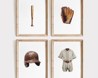 Conjunto de 4 impressões de arte de parede de beisebol – Arte esportiva vintage, decoração rústica de berçário de beisebol, impressões de quarto de meninos, pôster de beisebol para download digital