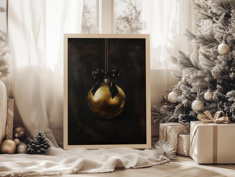 Gold Christmas Ornament Printable Moody Christmas Decor Christmas Print Vintage Christmas Print Minimalist Christmas Oil Painting Print Ball image 5