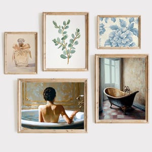 Vintage Bathroom Prints Gallery Wall Set of Five Neutral Moody Bathroom Art Prints Digital Bathroom Decor Washroom Wall Art Printable Bath