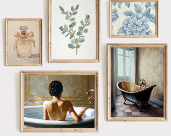 Vintage Bathroom Prints Gallery Wall Set of Five Neutral Moody Bathroom Art Prints Digital Bathroom Decor Washroom Wall Art Printable Bath