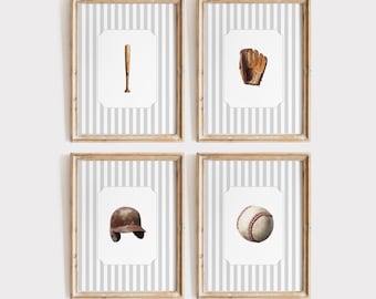 Baseball Wall Art Set of 4 Vintage Baseball Prints Boys Room Baseball Printable Art Nursery Sports Gallery Prints Striped Posters Paintings