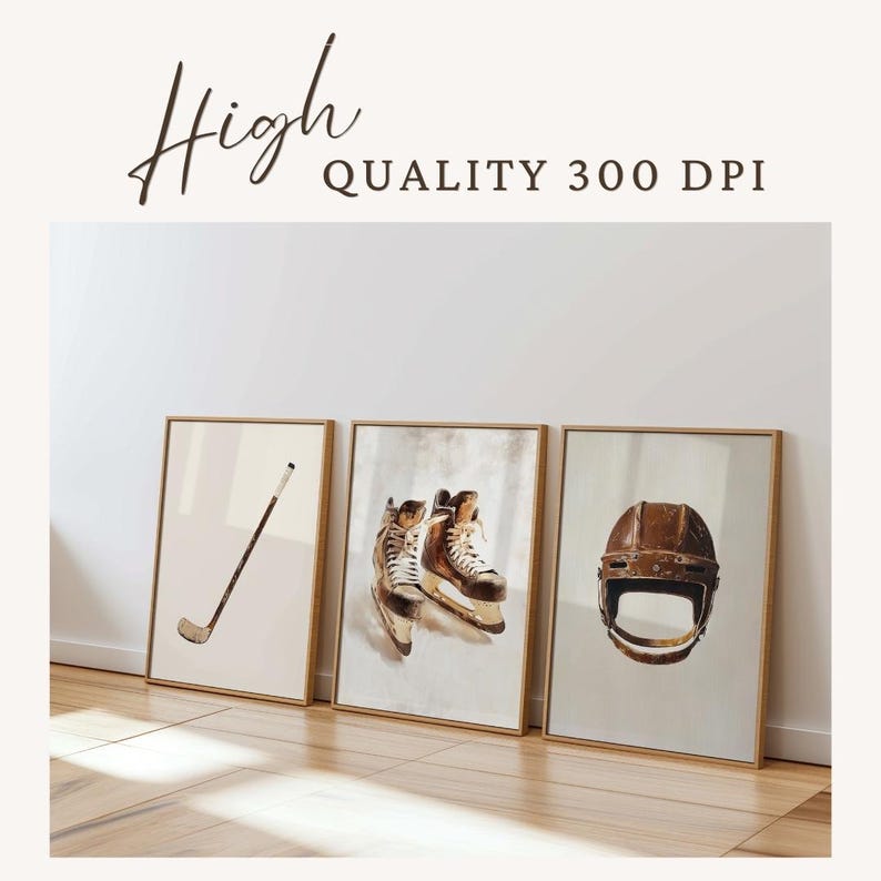 May include: Three framed prints of vintage hockey equipment. The prints are in a light brown frame and feature a hockey stick, a pair of hockey skates, and a hockey helmet.