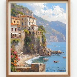 Amalfi Coast Print, Positano Wall Art, Italy Travel Poster Coastal Landscape Oil Painting Vintage Mediterranean Artwork Rustic Italian Decor