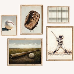 Juego de 5 impresiones de béisbol vintage para habitación de niños, arte imprimible de béisbol, galería de impresiones deportivas para guardería, carteles en verde salvia