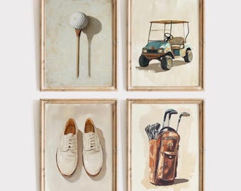 Golf Wall Art Set of 4 – Vintage Sports Prints, Rustic Golf Nursery Decor, Baby Shower Gift for Boys, Playroom Art, Golf Digital Download