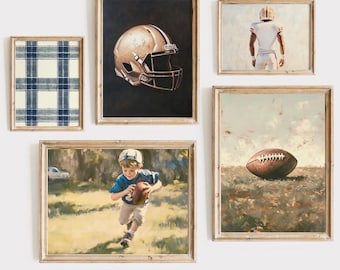 Football Art Set of 5 Vintage Football Wall Art Football Paintings Navy Blue Nursery Art Football Boys Room Printable Art Sports Gallery