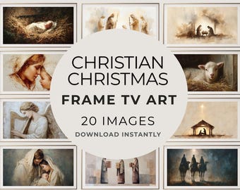 May include: A collection of 20 Christian Christmas-themed images, framed and ready for TV art. The images depict scenes from the Nativity, including the baby Jesus, Mary and Joseph, angels, and the three wise men. The images are available for instant download.