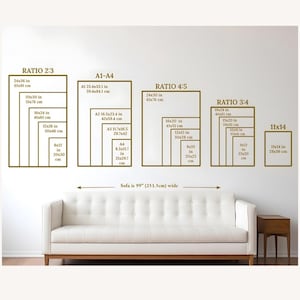 May include: A diagram showing different aspect ratios for art prints, with measurements in inches and centimeters. The diagram shows the dimensions of various sizes of art prints, including 2:3, 4:5, and 3:4 ratios. The text "Sofa is 99" (251.5cm) wide" is at the bottom of the diagram.