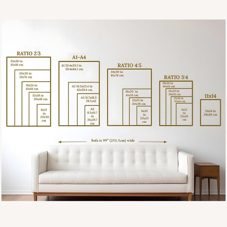 May include: A diagram showing different aspect ratios for art prints, with measurements in inches and centimeters. The diagram shows the dimensions of various sizes of art prints, including 2:3, 4:5, and 3:4 ratios. The text "Sofa is 99" (251.5cm) wide" is at the bottom of the diagram.