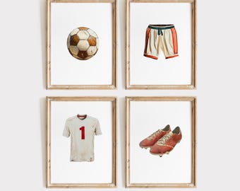 Soccer Prints Set of 4, Vintage Soccer Wall Art, Boys Room Soccer Decor, Soccer Nursery Prints, Soccer Ball Jersey Shoes Shorts Artwork