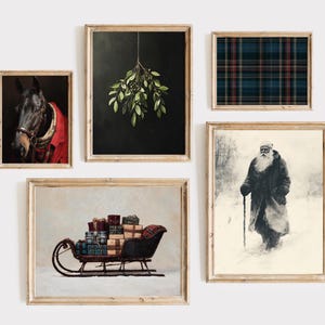 Equestrian Christmas Wall Art Set of 5 + Bonus | Vintage Holiday Wall Art Set | Plaid & Heritage Christmas Decor Countryside Manor Prints