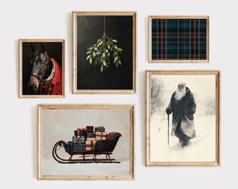 Juego de 5 cuadros navideños ecuestres + extra / Juego de cuadros navideños vintage / Decoración navideña a cuadros y estilo tradicional con impresiones de Countryside Manor