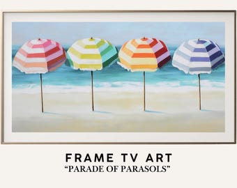 夏のフレーム付きテレビアート、パラソルのあるヴィンテージビーチシーン、サムスンフレーム付きテレビの絵画、季節のデジタルウォールアート、沿岸の夏のホームデコレーション