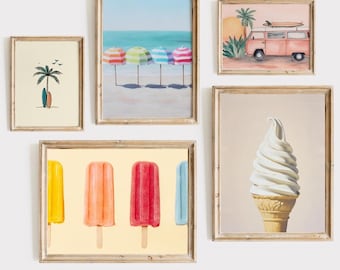Conjunto de arte mural de verano: láminas de casas de playa, conjunto de obras de arte de temporada para galería, pinturas costeras imprimibles, decoración de pared de verano