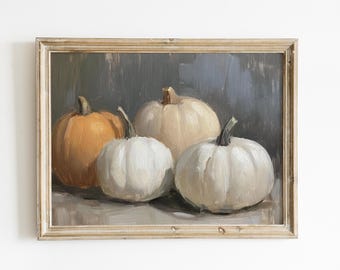 Arte mural de calabaza, pintura de cosecha de otoño, obra de arte de calabaza blanca, impresión rústica de granja, decoración de temporada de otoño, póster de pared vintage de Acción de Gracias