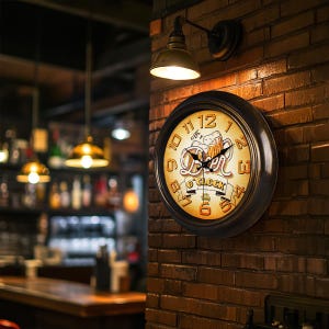 May include: A brown wall clock with a gold face and black hands. The clock face features a beer mug with the text "It's Beer O'Clock".