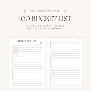 100 Bucket List, Minimale Bucket List, Bucket List mit Notiz, Lebensziele, Sofort Download, Digitale Datei, PDF Datei, A4 A5 und Letter