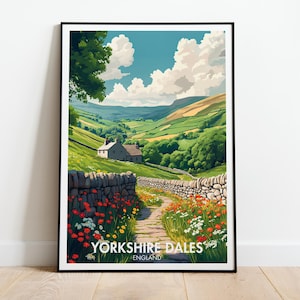 Yorkshire Dales Travel Poster | Yorkshire National Park | Yorkshire Dales Art | Flowers Wall Art | The Yorkshire Dales Print | England Decor