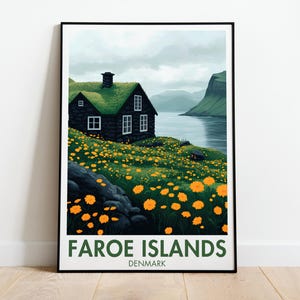 Póster de viaje de las Islas Feroe / Pintura de la bahía de Dinamarca / Impresión de un pueblo costero / Decoración de pared de Europa / Arte de las Islas Feroe / Póster de naturaleza y flores