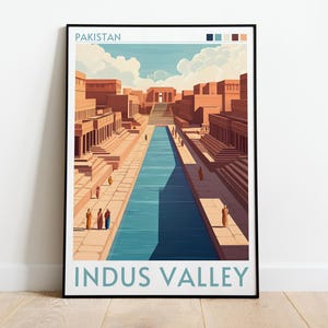 May include: A framed art print featuring a stylized illustration of the Indus Valley in Pakistan. The artwork depicts a long canal with buildings on either side, under a blue sky with clouds. The word "Pakistan" is at the top, and "Indus Valley" is at the bottom.