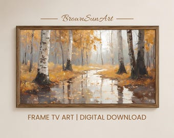 Tableau « Forêt de bouleaux d'automne » pour téléviseur Samsung Frame, illustration « Ruisseau doré d'automne », peinture à l'huile vintage de forêt, téléchargement numérique