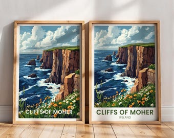 Può includere: Due stampe incorniciate delle Cliffs of Moher in Irlanda. Le stampe sono in stile vintage con una gamma di colori blu e verde. Il testo "Cliffs of Moher, Ireland" è stampato in basso su ogni stampa.